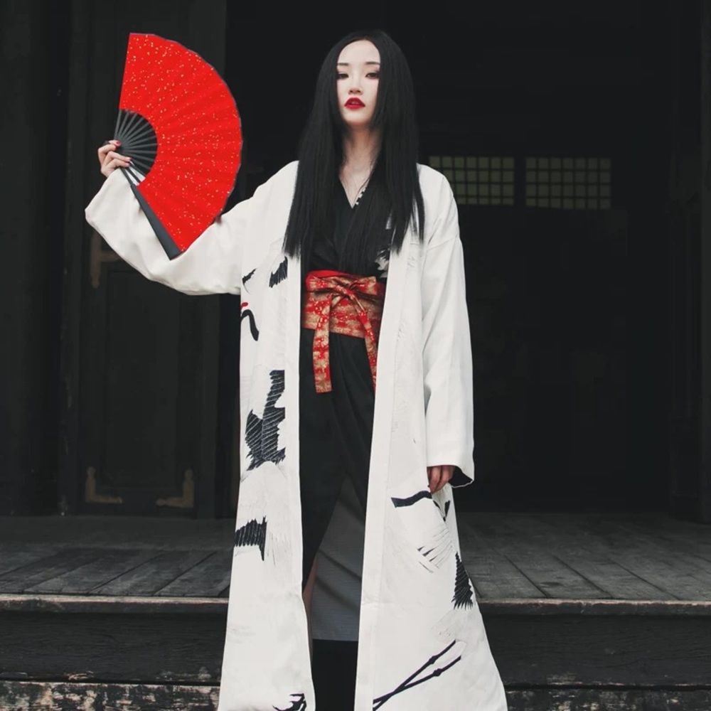Japanese/kimono style coat with crane pattern two-sided